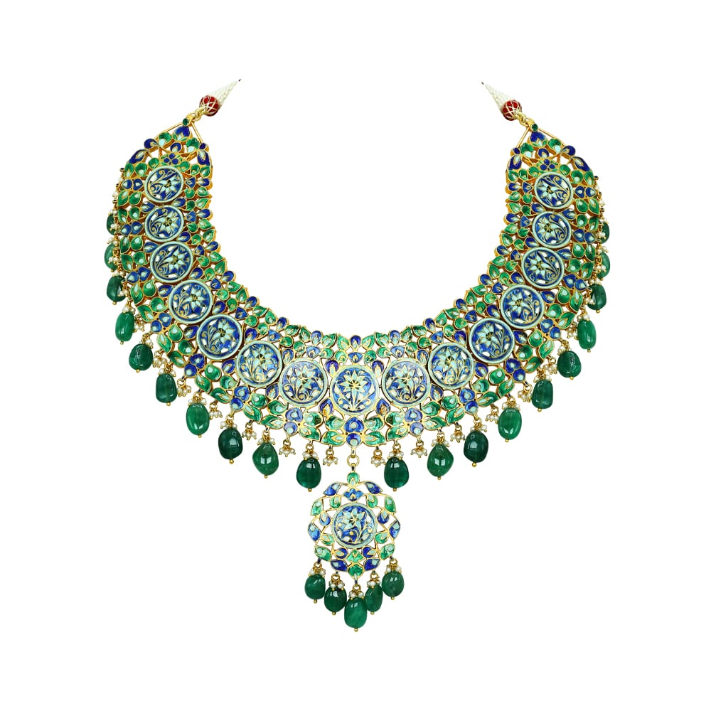 Polki Necklace with Red Enamel and Emerald Drops